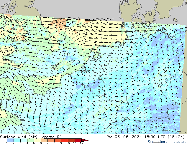 Surface wind (bft) Arome 01 We 05.06.2024 18 UTC