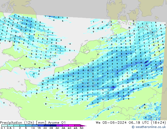 Totale neerslag (12h) Arome 01 wo 05.06.2024 18 UTC