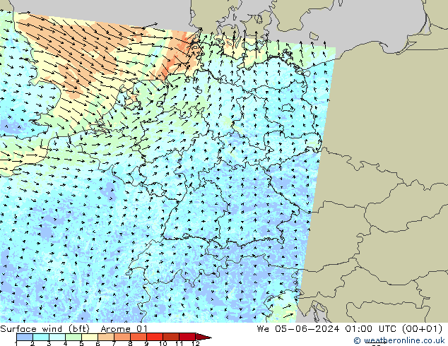 �N 10 米 (bft) Arome 01 星期三 05.06.2024 01 UTC