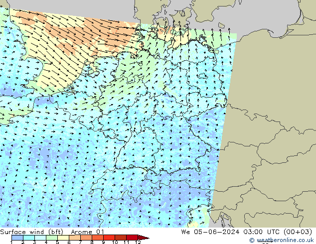 Viento 10 m (bft) Arome 01 mié 05.06.2024 03 UTC