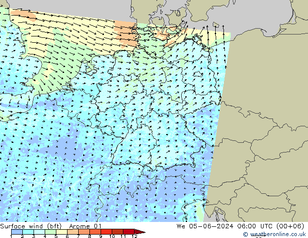 Viento 10 m (bft) Arome 01 mié 05.06.2024 06 UTC