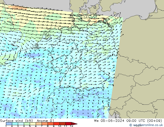 Vento 10 m (bft) Arome 01 Qua 05.06.2024 09 UTC