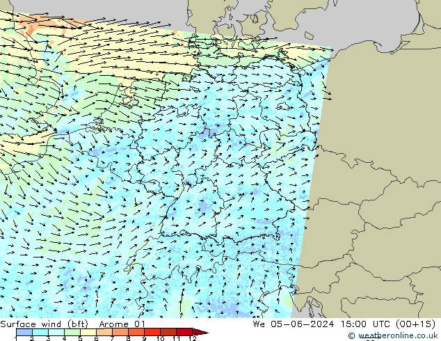 Surface wind (bft) Arome 01 We 05.06.2024 15 UTC