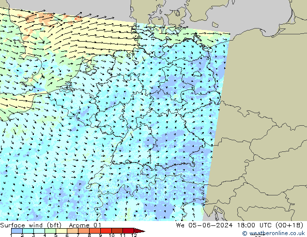 Viento 10 m (bft) Arome 01 mié 05.06.2024 18 UTC