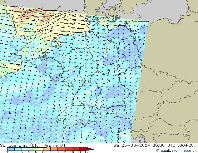 Surface wind (bft) Arome 01 We 05.06.2024 20 UTC