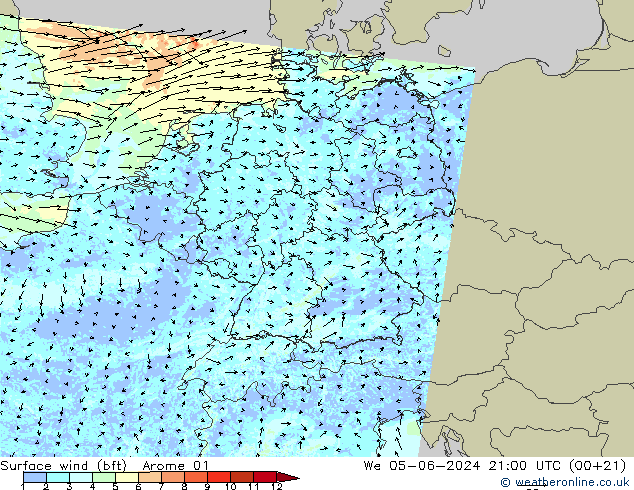 Bodenwind (bft) Arome 01 Mi 05.06.2024 21 UTC