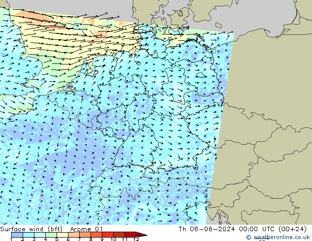 �N 10 米 (bft) Arome 01 星期四 06.06.2024 00 UTC