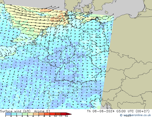 Vent 10 m (bft) Arome 01 jeu 06.06.2024 03 UTC