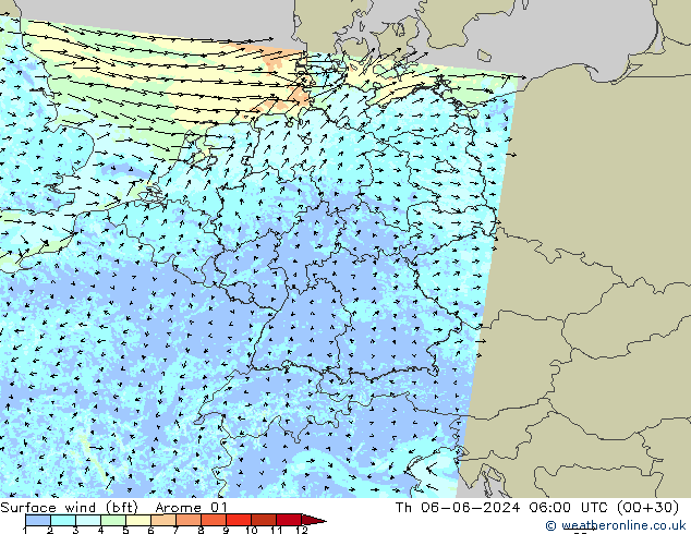 Vento 10 m (bft) Arome 01 Qui 06.06.2024 06 UTC