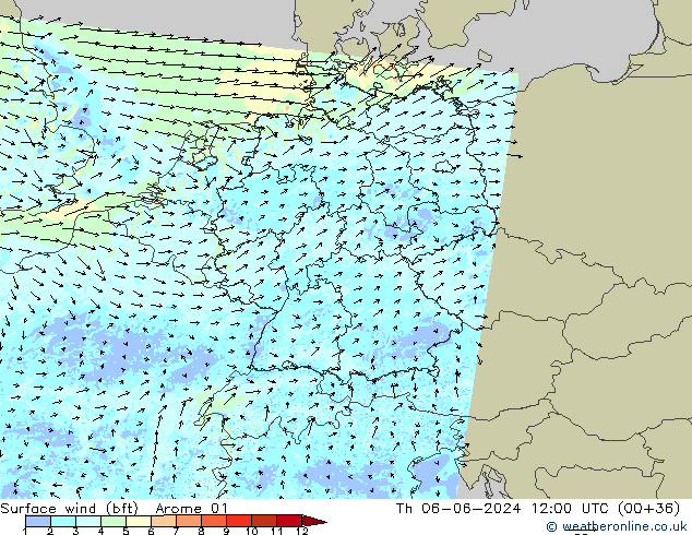 Wind 10 m (bft) Arome 01 do 06.06.2024 12 UTC