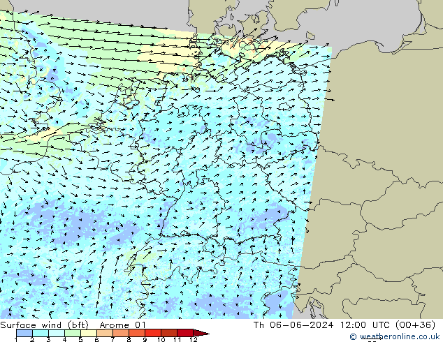 Surface wind (bft) Arome 01 Th 06.06.2024 12 UTC