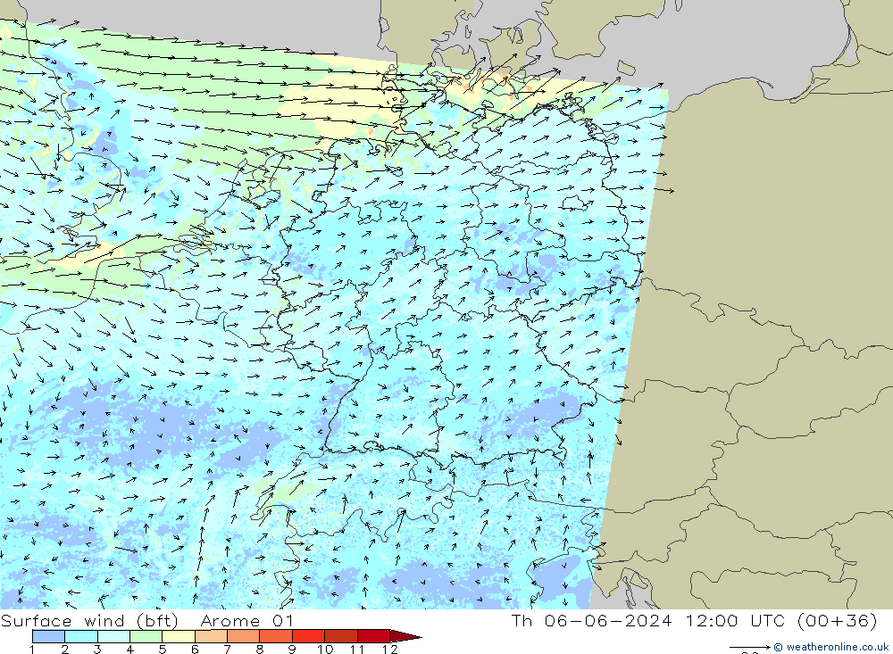 Surface wind (bft) Arome 01 Čt 06.06.2024 12 UTC