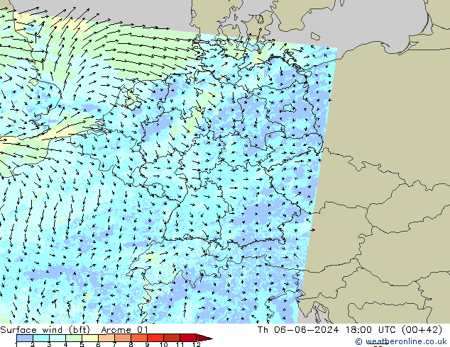 Surface wind (bft) Arome 01 Čt 06.06.2024 18 UTC