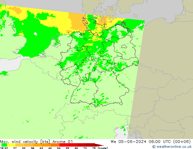 Max. wind velocity Arome 01 星期三 05.06.2024 06 UTC