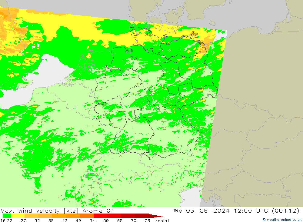 Max. wind velocity Arome 01 Qua 05.06.2024 12 UTC