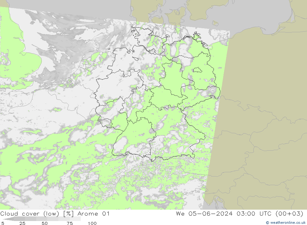 Cloud cover (low) Arome 01 We 05.06.2024 03 UTC