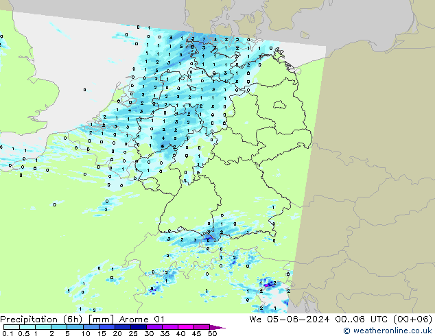 Nied. akkumuliert (6Std) Arome 01 Mi 05.06.2024 06 UTC