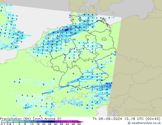 Precipitation (6h) Arome 01 Čt 06.06.2024 18 UTC