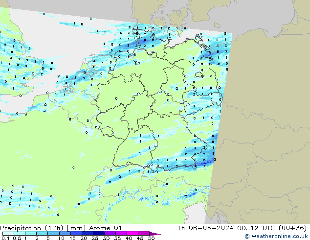 Precipitation (12h) Arome 01 Čt 06.06.2024 12 UTC