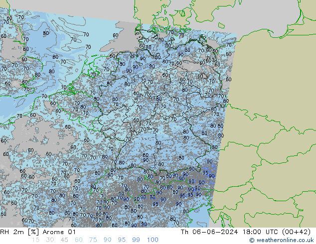 RH 2m Arome 01 czw. 06.06.2024 18 UTC