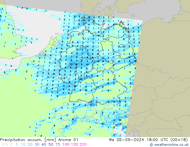 Precipitation accum. Arome 01 We 05.06.2024 18 UTC