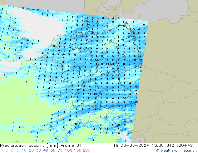 Precipitation accum. Arome 01 Čt 06.06.2024 18 UTC