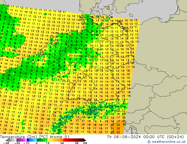 Temperatura (2m) Arome 01 Qui 06.06.2024 00 UTC