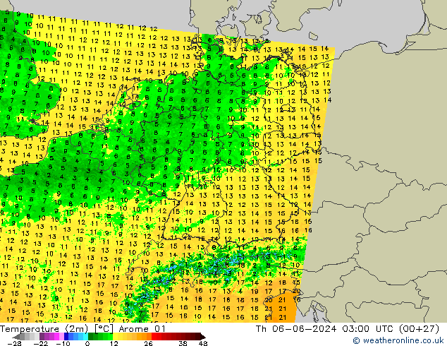 Temperature (2m) Arome 01 Čt 06.06.2024 03 UTC