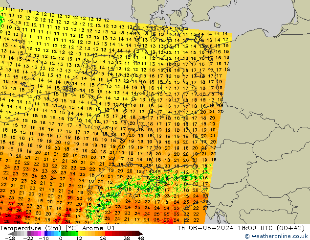 Temperaturkarte (2m) Arome 01 Do 06.06.2024 18 UTC