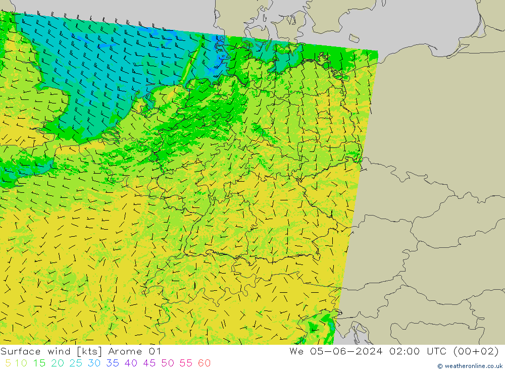 Vent 10 m Arome 01 mer 05.06.2024 02 UTC