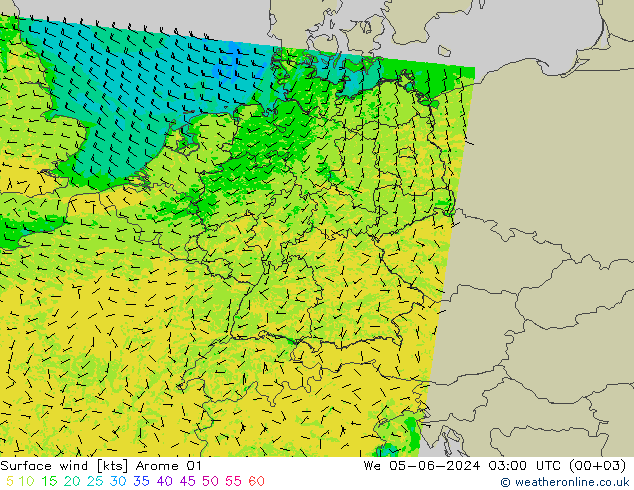 Vento 10 m Arome 01 mer 05.06.2024 03 UTC