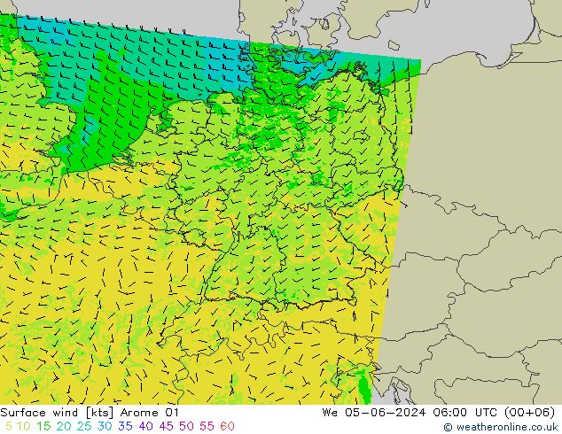 Surface wind Arome 01 We 05.06.2024 06 UTC