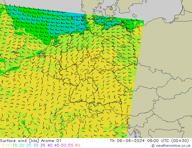 Surface wind Arome 01 Th 06.06.2024 06 UTC