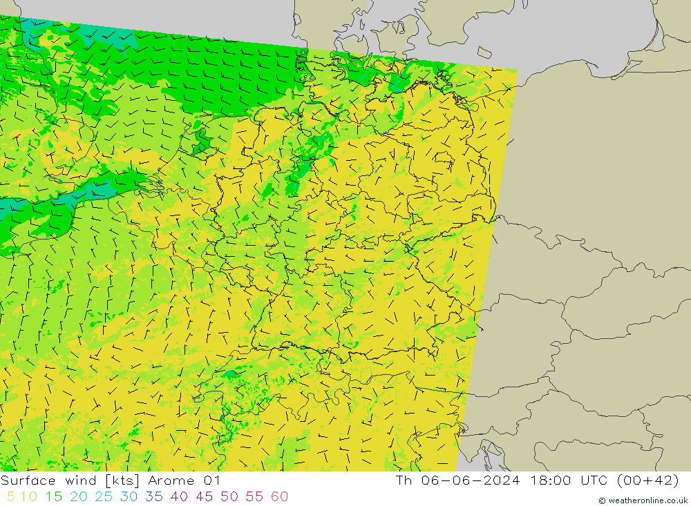 Surface wind Arome 01 Th 06.06.2024 18 UTC