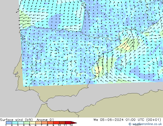 Surface wind (bft) Arome 01 We 05.06.2024 01 UTC