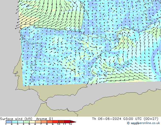 Surface wind (bft) Arome 01 Th 06.06.2024 03 UTC