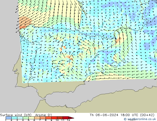 Wind 10 m (bft) Arome 01 do 06.06.2024 18 UTC