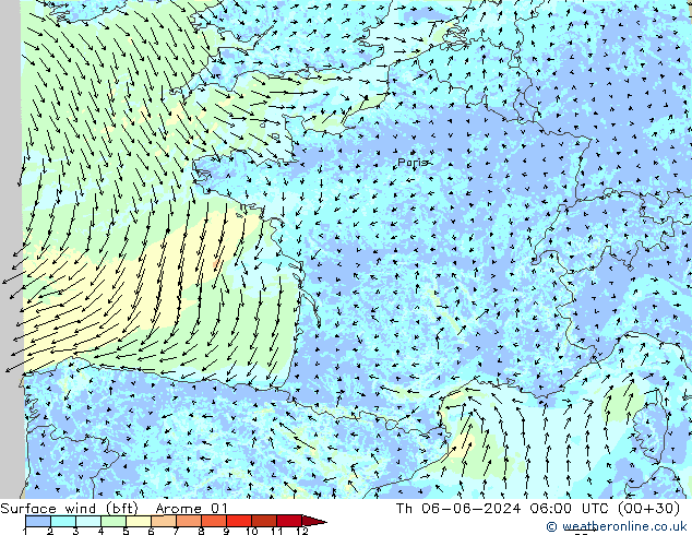 Vent 10 m (bft) Arome 01 jeu 06.06.2024 06 UTC