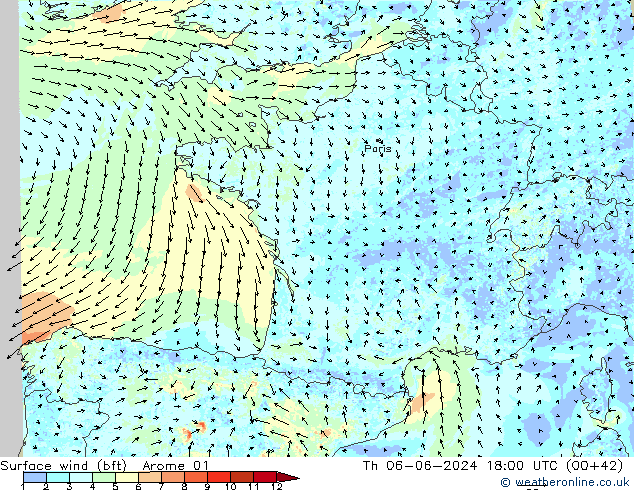 Rüzgar 10 m (bft) Arome 01 Per 06.06.2024 18 UTC