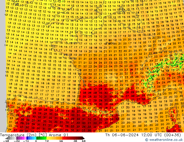 Temperatuurkaart (2m) Arome 01 do 06.06.2024 12 UTC