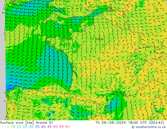 Surface wind Arome 01 Th 06.06.2024 18 UTC