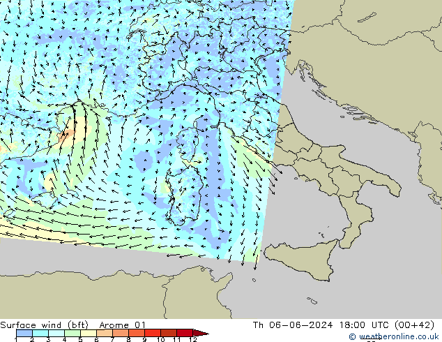 Wind 10 m (bft) Arome 01 do 06.06.2024 18 UTC