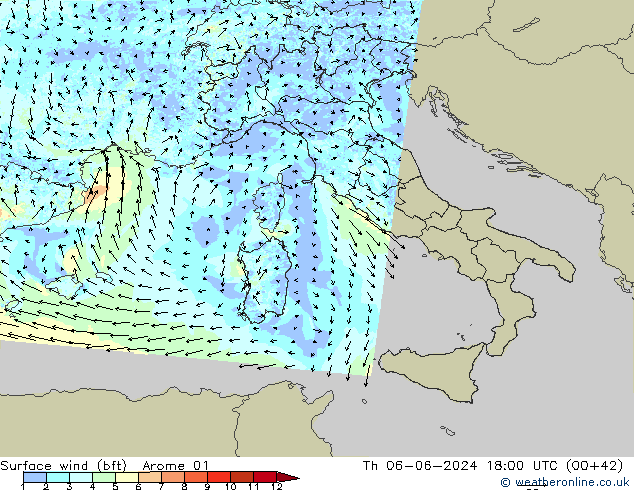 Viento 10 m (bft) Arome 01 jue 06.06.2024 18 UTC