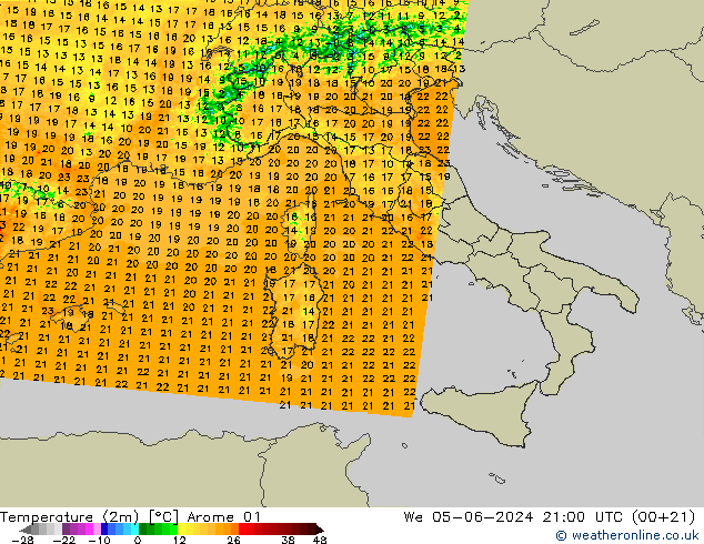 Temperature (2m) Arome 01 We 05.06.2024 21 UTC