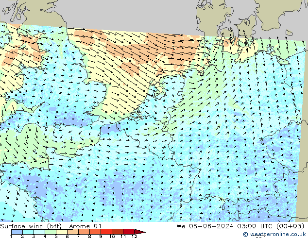 Bodenwind (bft) Arome 01 Mi 05.06.2024 03 UTC