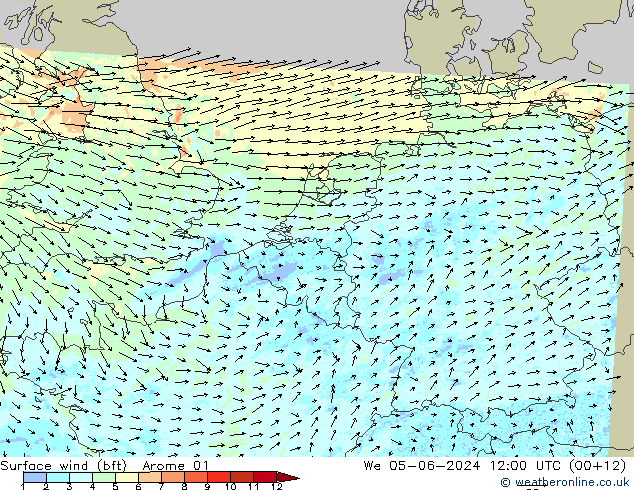 Rüzgar 10 m (bft) Arome 01 Çar 05.06.2024 12 UTC