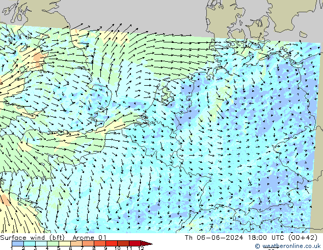 Surface wind (bft) Arome 01 Th 06.06.2024 18 UTC