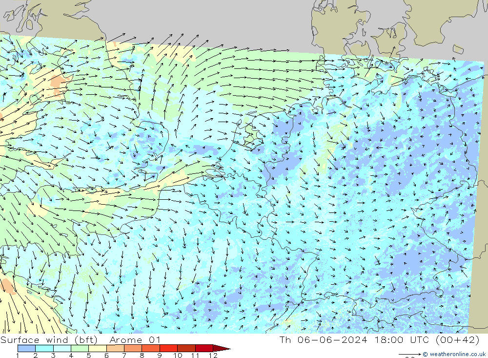 Bodenwind (bft) Arome 01 Do 06.06.2024 18 UTC