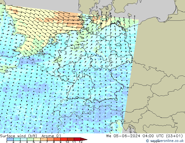 Wind 10 m (bft) Arome 01 wo 05.06.2024 04 UTC