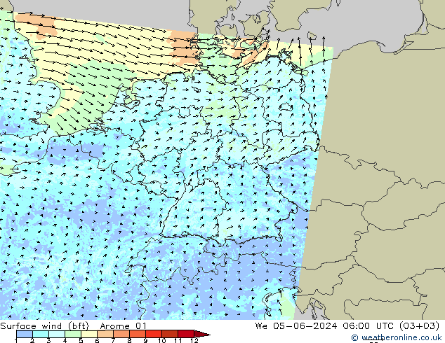 Surface wind (bft) Arome 01 We 05.06.2024 06 UTC